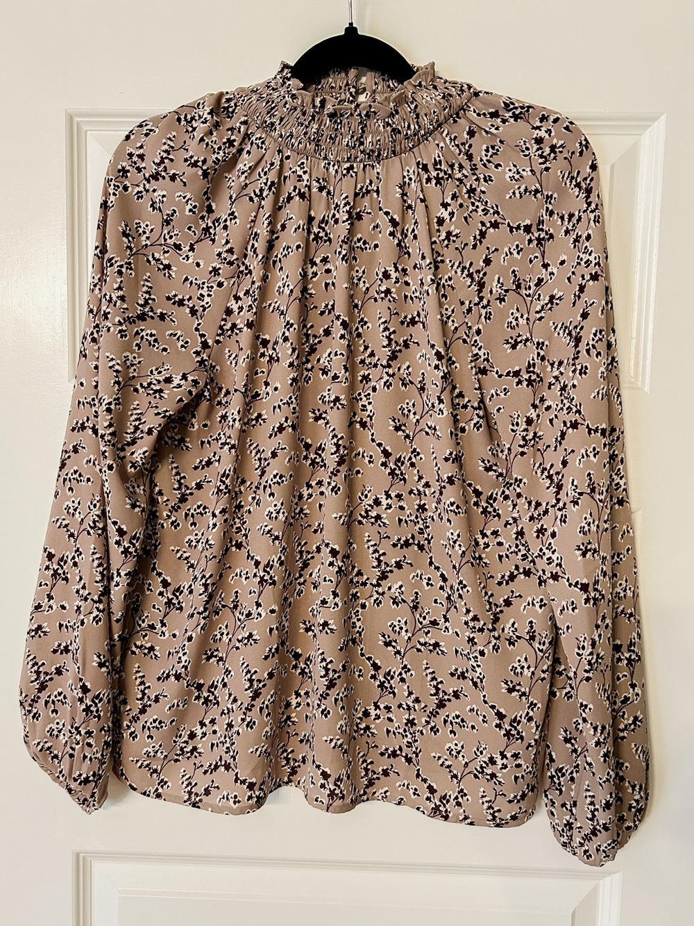 Ann Taylor Smocked Neck Floral Blouse - Beige